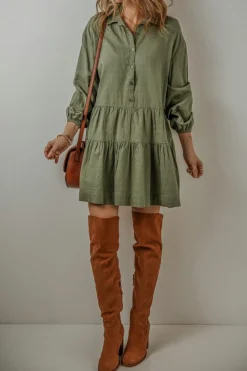 Best Dear-Lover Puff Sleeve Buttoned Tiered Pleated Shirt Mini Dress Jungle Green