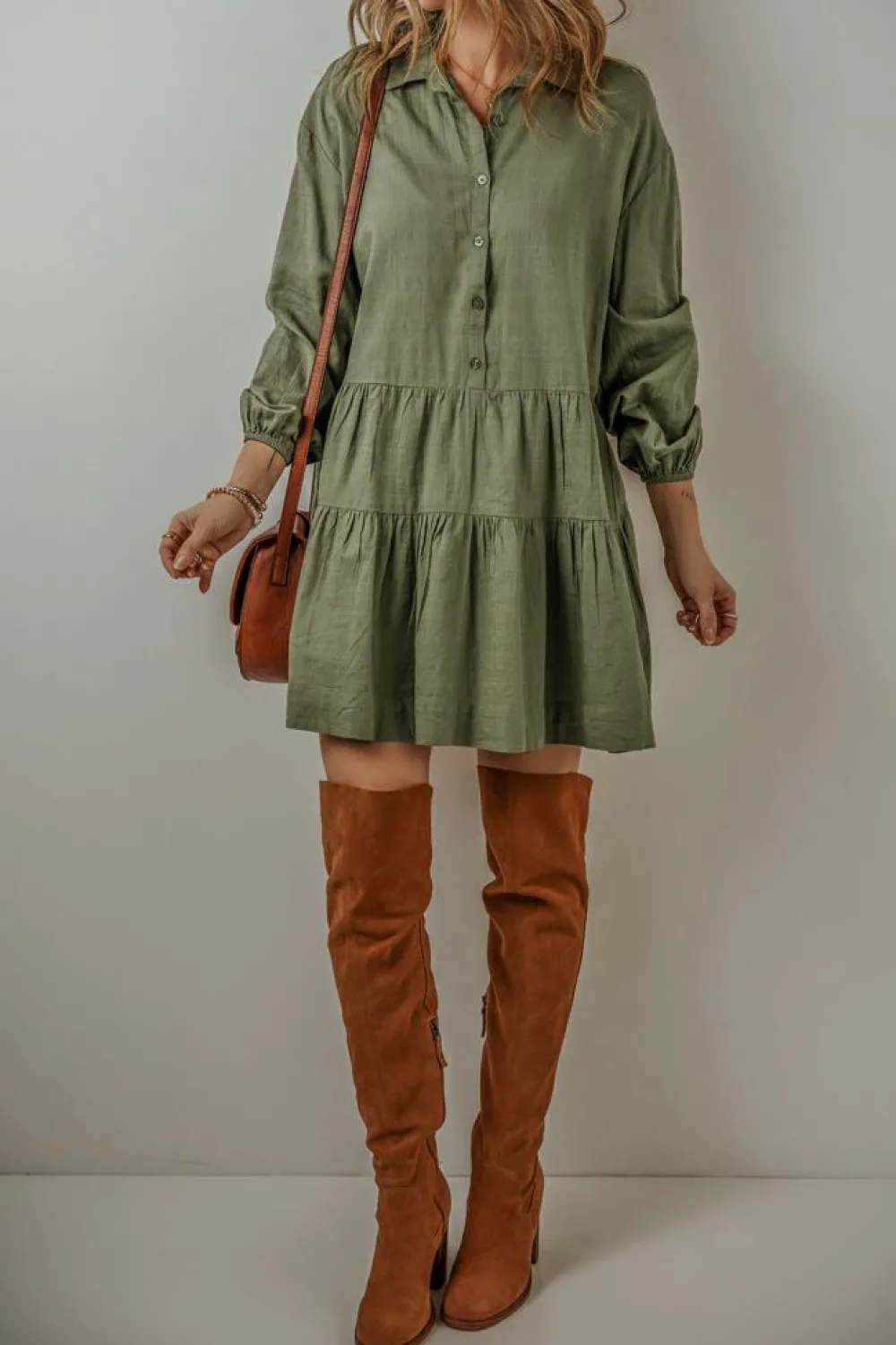 Best Dear-Lover Puff Sleeve Buttoned Tiered Pleated Shirt Mini Dress Jungle Green