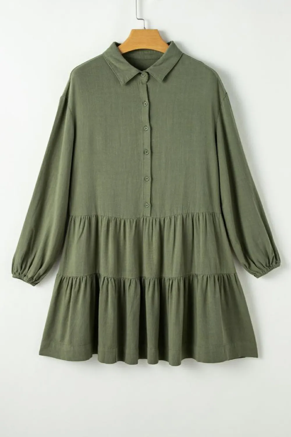 Best Dear-Lover Puff Sleeve Buttoned Tiered Pleated Shirt Mini Dress Jungle Green
