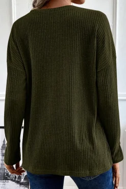 Online Dear-Lover Rib Textured Henley Knit Top Jungle Green