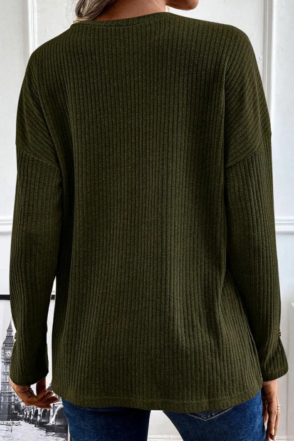 Online Dear-Lover Rib Textured Henley Knit Top Jungle Green