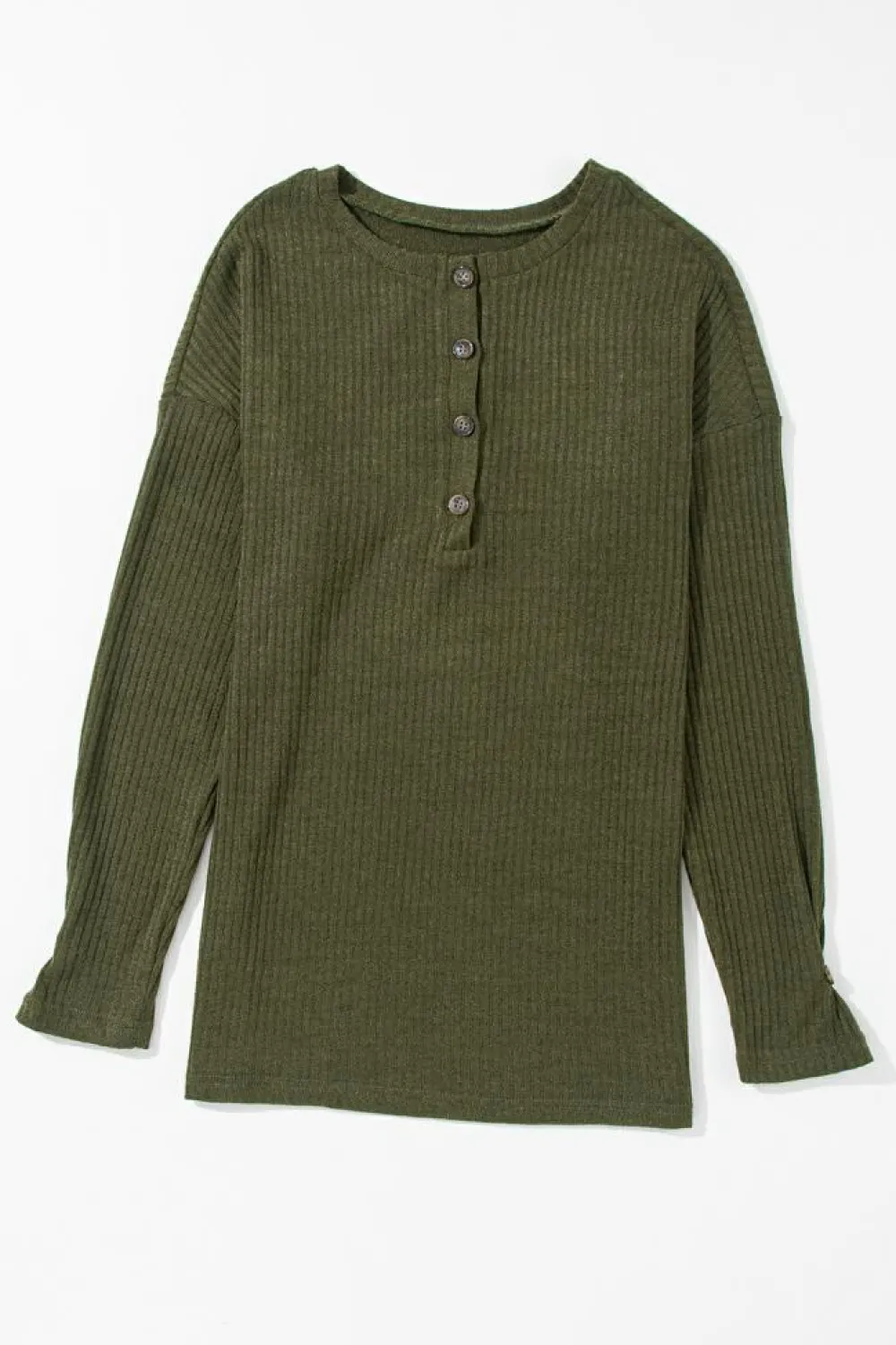 Online Dear-Lover Rib Textured Henley Knit Top Jungle Green