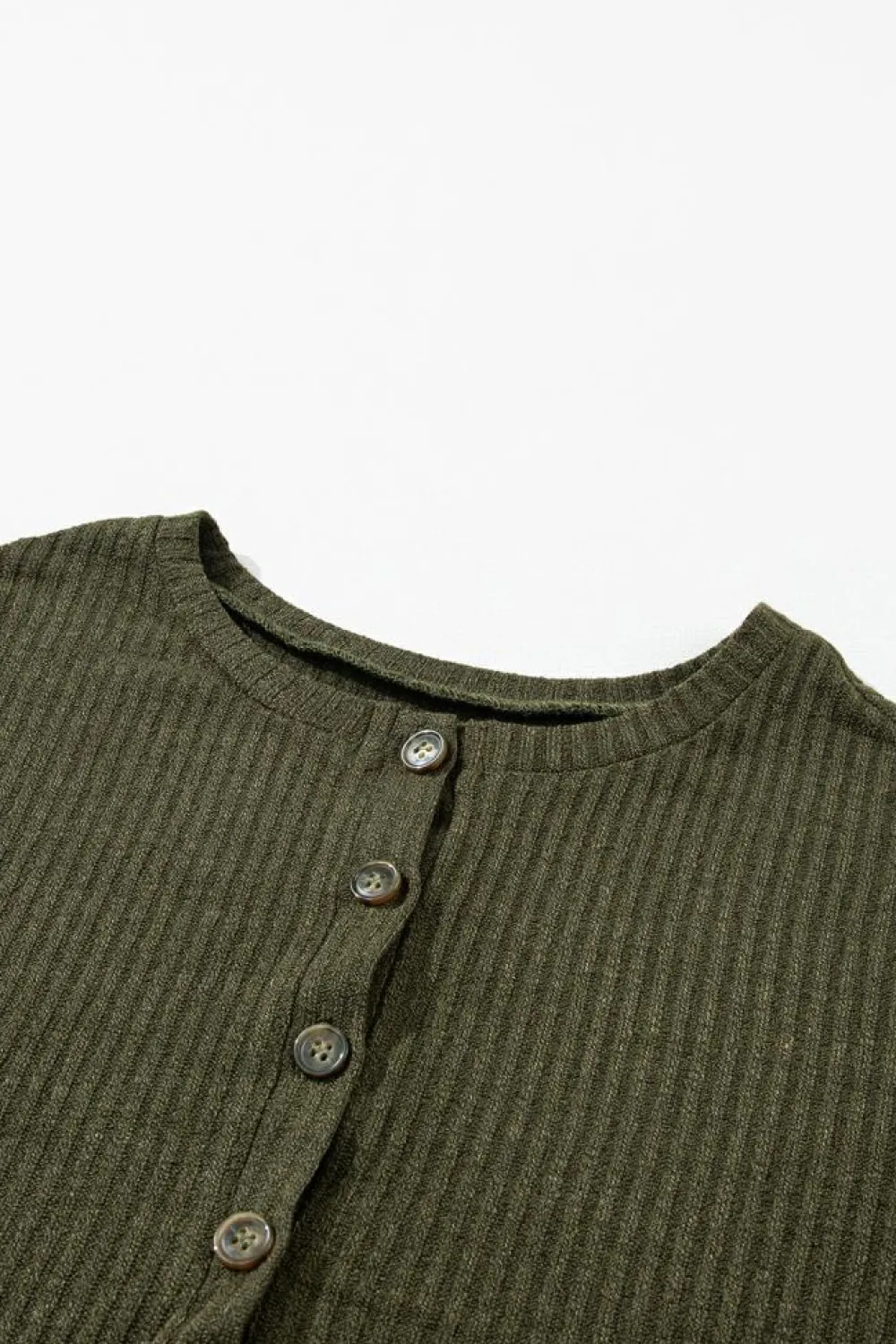 Online Dear-Lover Rib Textured Henley Knit Top Jungle Green