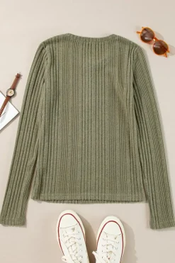 Best Dear-Lover Ribbed Knit Half Button Slim Fit Blouse Jungle Green