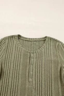 Best Dear-Lover Ribbed Knit Half Button Slim Fit Blouse Jungle Green