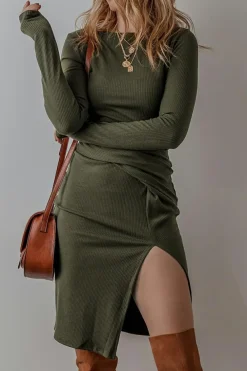 Online Dear-Lover Ribbed Side Slit Ruched Slim Fit Long Sleeve Mini Dress Jungle Green