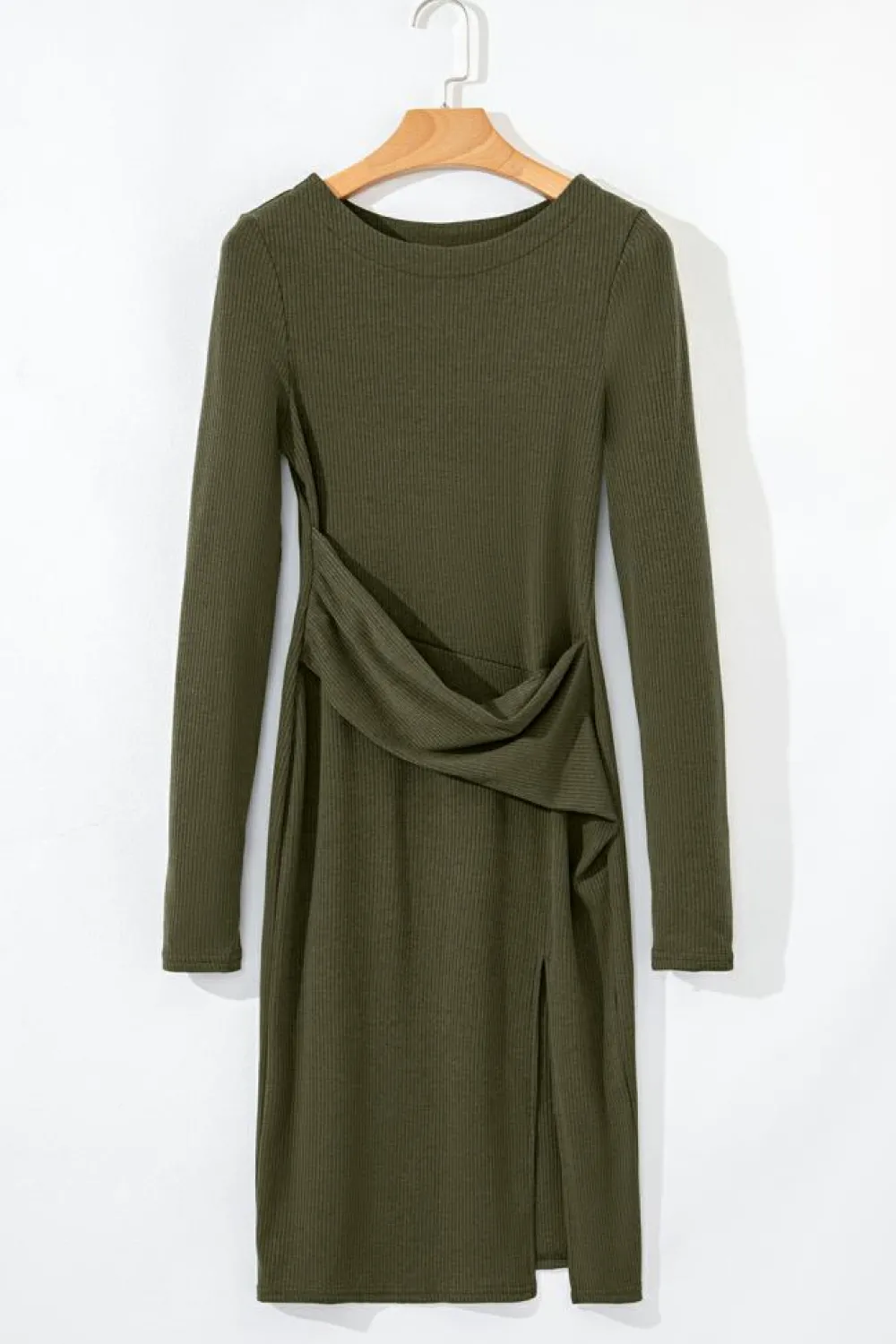 Online Dear-Lover Ribbed Side Slit Ruched Slim Fit Long Sleeve Mini Dress Jungle Green
