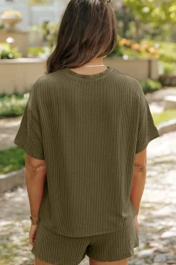 New Dear-Lover Ribbed Textured Knit Loose Fit Tee and Shorts Set Jungle Green