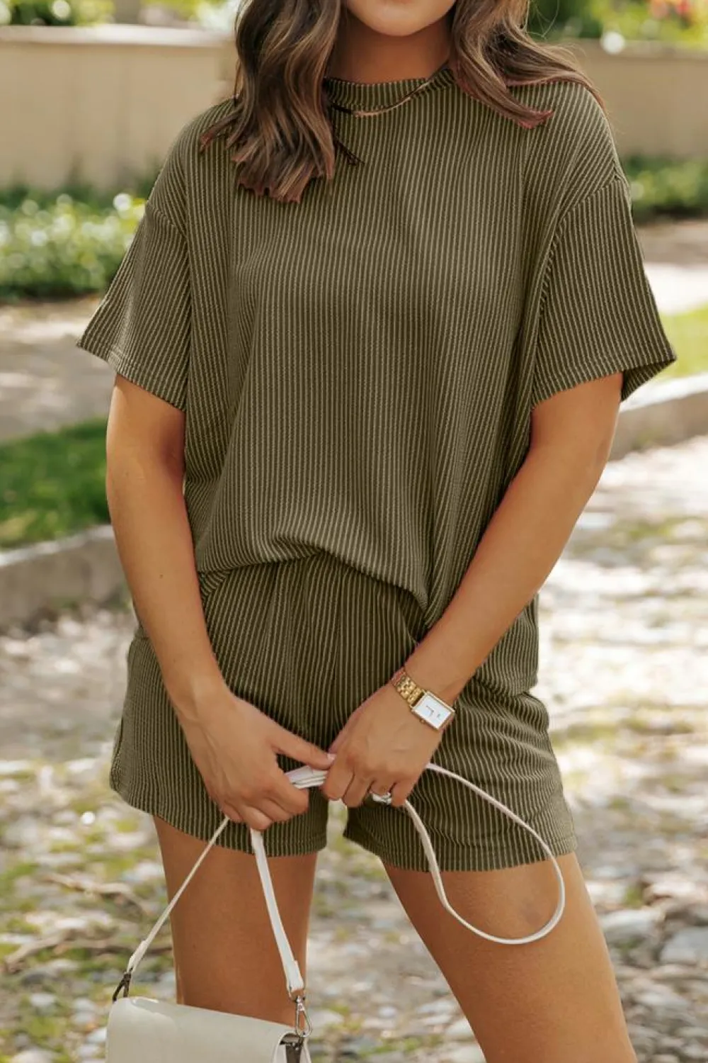 New Dear-Lover Ribbed Textured Knit Loose Fit Tee and Shorts Set Jungle Green