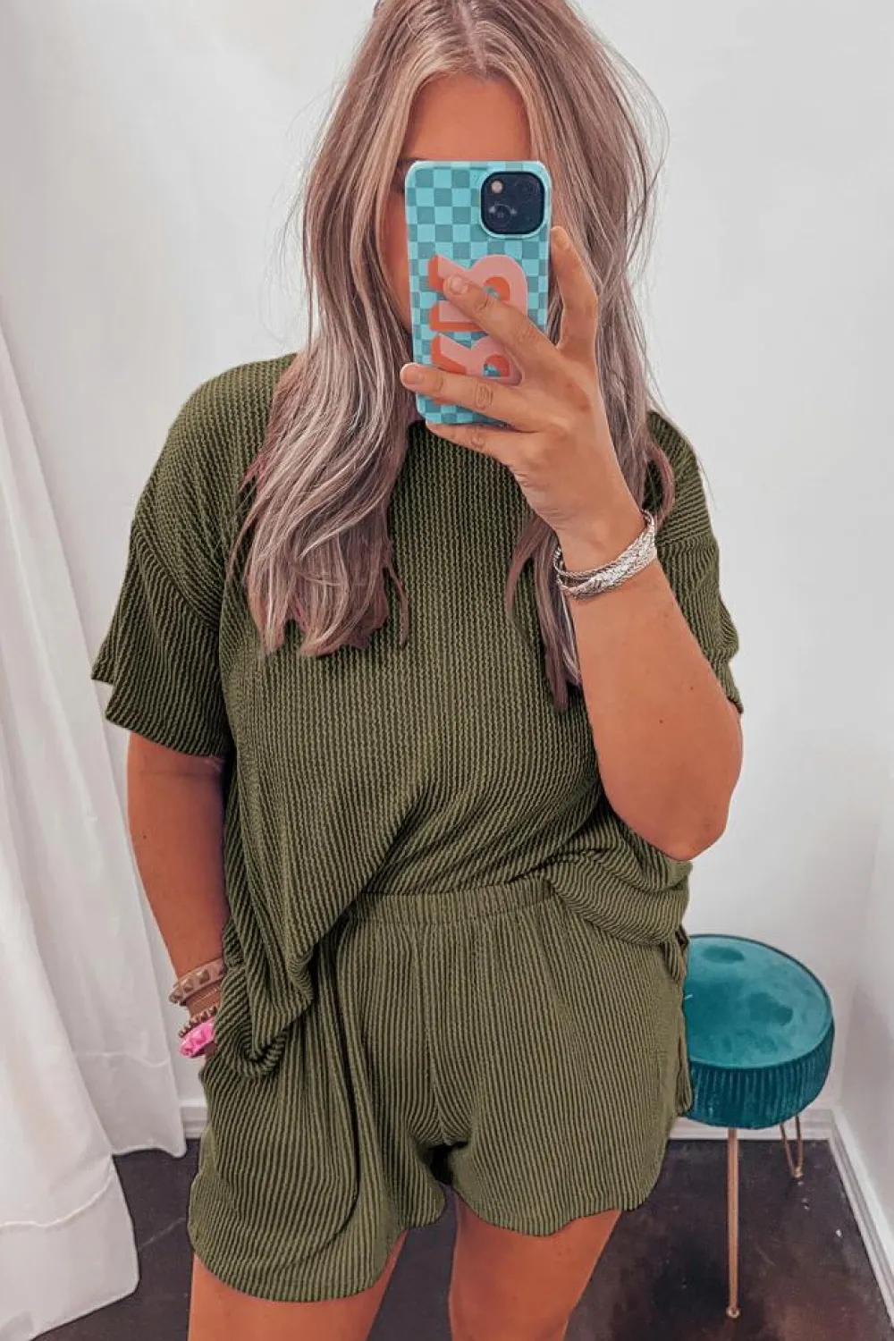 New Dear-Lover Ribbed Textured Knit Loose Fit Tee and Shorts Set Jungle Green