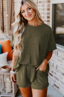 New Dear-Lover Ribbed Textured Knit Loose Fit Tee and Shorts Set Jungle Green