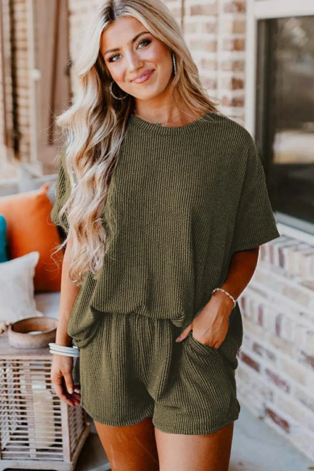 New Dear-Lover Ribbed Textured Knit Loose Fit Tee and Shorts Set Jungle Green