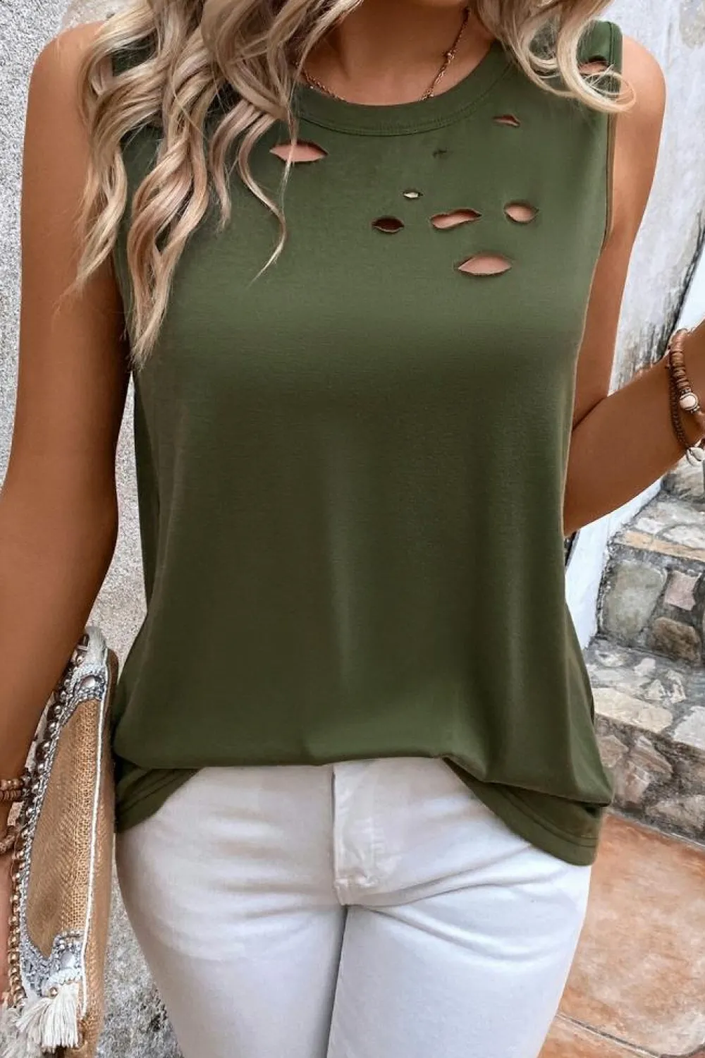 Clearance Dear-Lover Solid Color Distressed Holes Crew Neck Tank Top Jungle Green