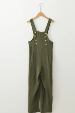 Online Dear-Lover Solid Color Buttoned Straight Leg Overall Jungle Green