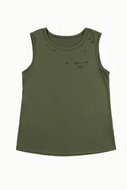 Clearance Dear-Lover Solid Color Distressed Holes Crew Neck Tank Top Jungle Green