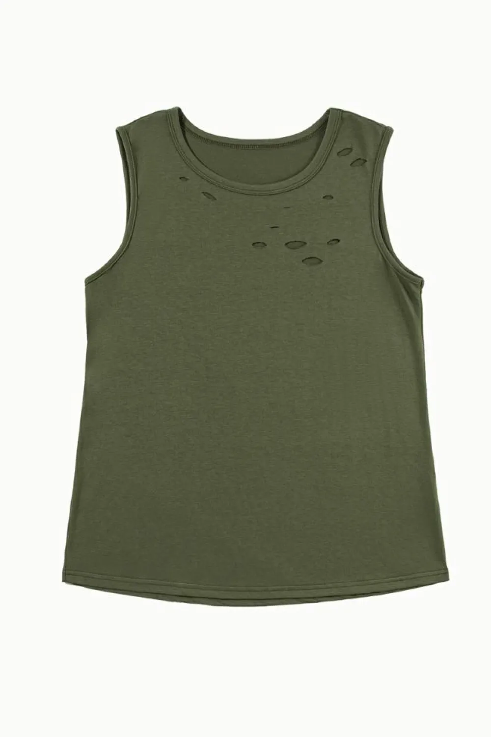 Clearance Dear-Lover Solid Color Distressed Holes Crew Neck Tank Top Jungle Green