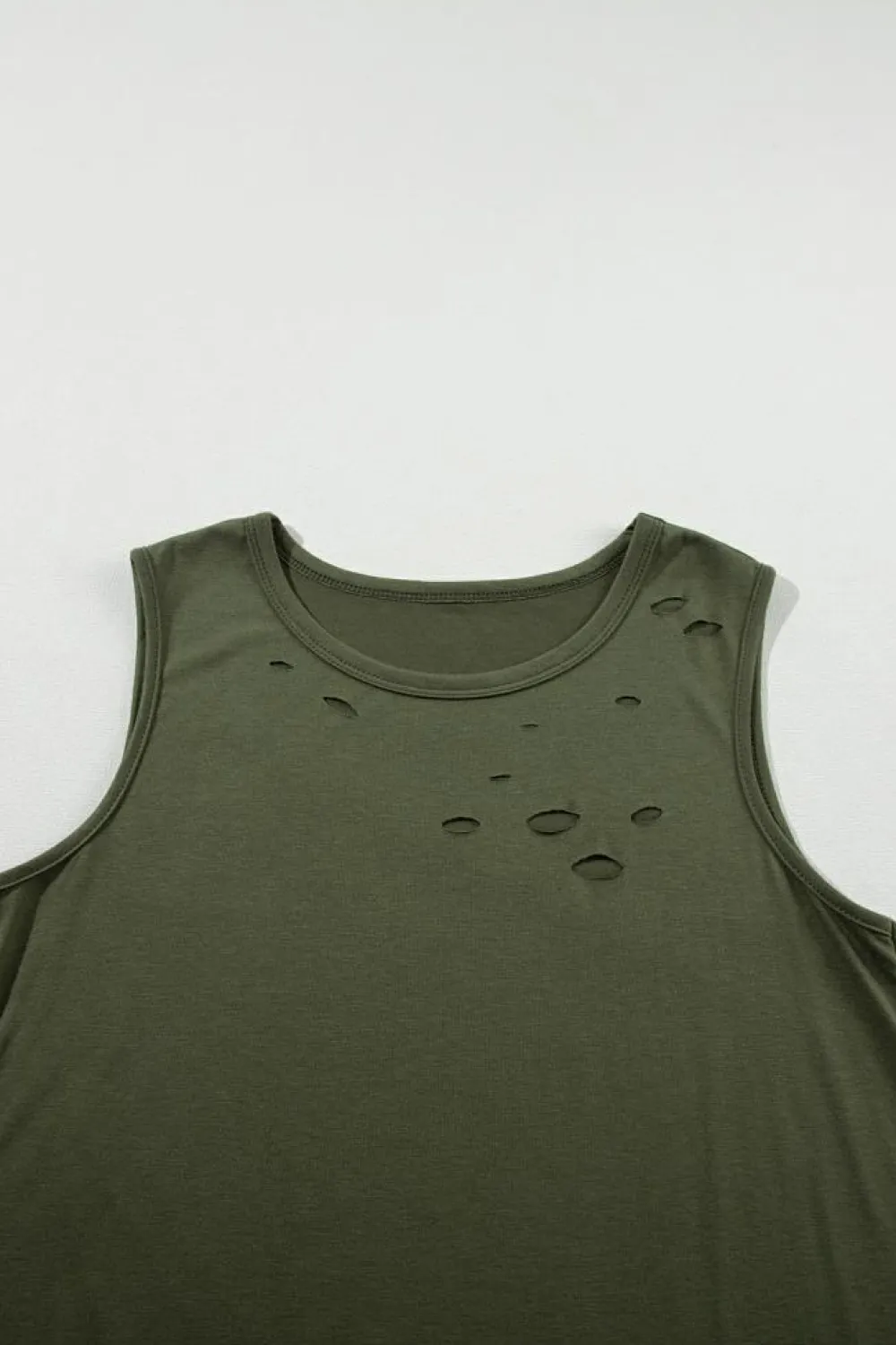 Clearance Dear-Lover Solid Color Distressed Holes Crew Neck Tank Top Jungle Green
