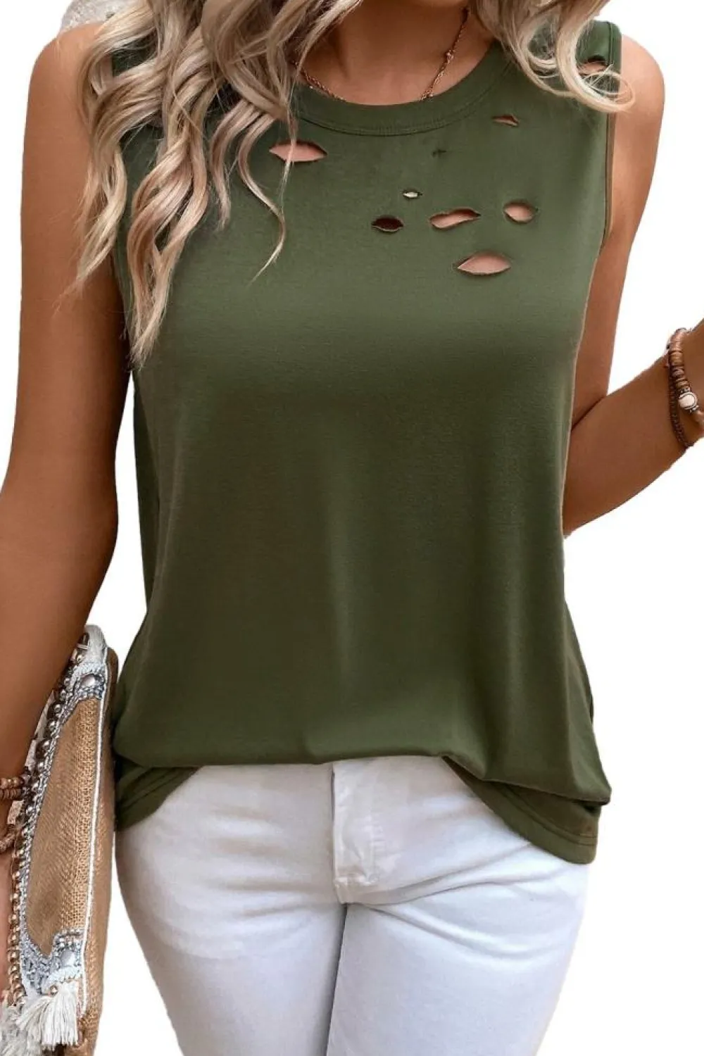Clearance Dear-Lover Solid Color Distressed Holes Crew Neck Tank Top Jungle Green