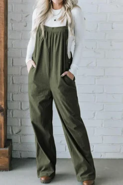 Clearance Dear-Lover Solid Pocketed Loose Fit Corduroy Overall Jungle Green