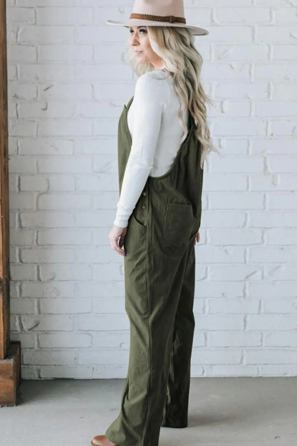 Clearance Dear-Lover Solid Pocketed Loose Fit Corduroy Overall Jungle Green