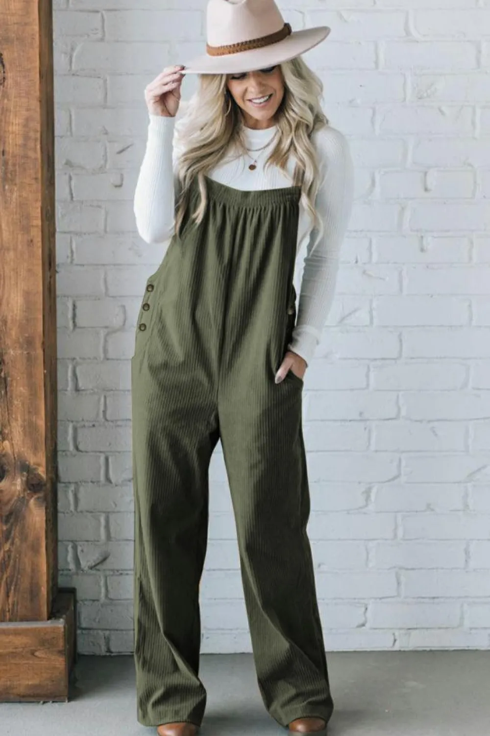 Clearance Dear-Lover Solid Pocketed Loose Fit Corduroy Overall Jungle Green