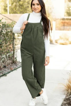 Clearance Dear-Lover Solid Pocketed Loose Fit Corduroy Overall Jungle Green