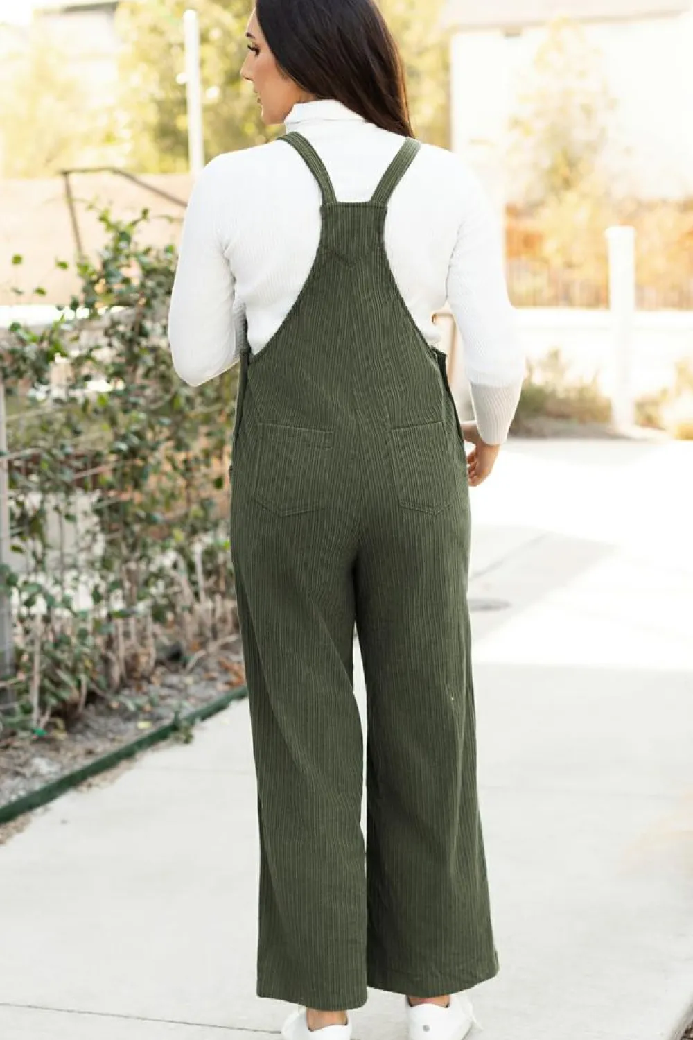 Clearance Dear-Lover Solid Pocketed Loose Fit Corduroy Overall Jungle Green