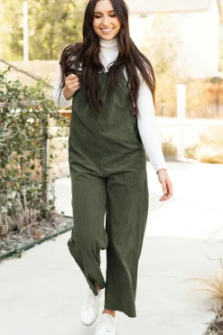 Clearance Dear-Lover Solid Pocketed Loose Fit Corduroy Overall Jungle Green