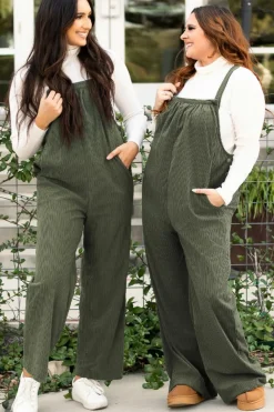 Clearance Dear-Lover Solid Pocketed Loose Fit Corduroy Overall Jungle Green