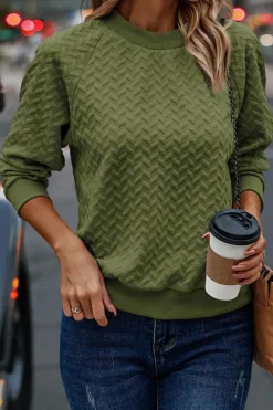 New Dear-Lover Solid Textured Raglan Sleeve Pullover Sweatshirt Jungle Green