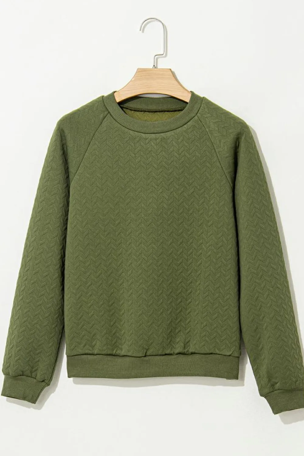 New Dear-Lover Solid Textured Raglan Sleeve Pullover Sweatshirt Jungle Green