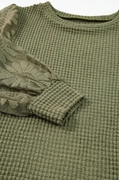 Sale Dear-Lover Sunflower Mesh Bubble Sleeve Waffle Knit Top Jungle Green