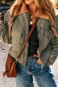 Sale Dear-Lover Teddy Collar Flap Pockets Quilted Puffer Jacket Jungle Green