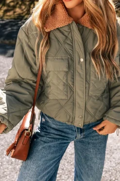 Sale Dear-Lover Teddy Collar Flap Pockets Quilted Puffer Jacket Jungle Green