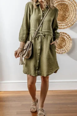 Hot Dear-Lover Textured Bracelet Sleeve Collared Button Up Dual Tied Mini Dress Jungle Green