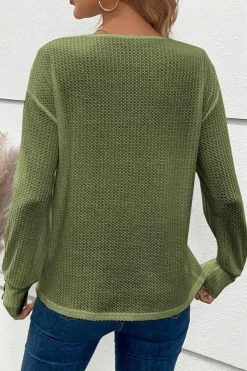 Clearance Dear-Lover Textured Knit V Neck Button Cuffs Long Sleeve Top Jungle Green