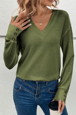 Clearance Dear-Lover Textured Knit V Neck Button Cuffs Long Sleeve Top Jungle Green