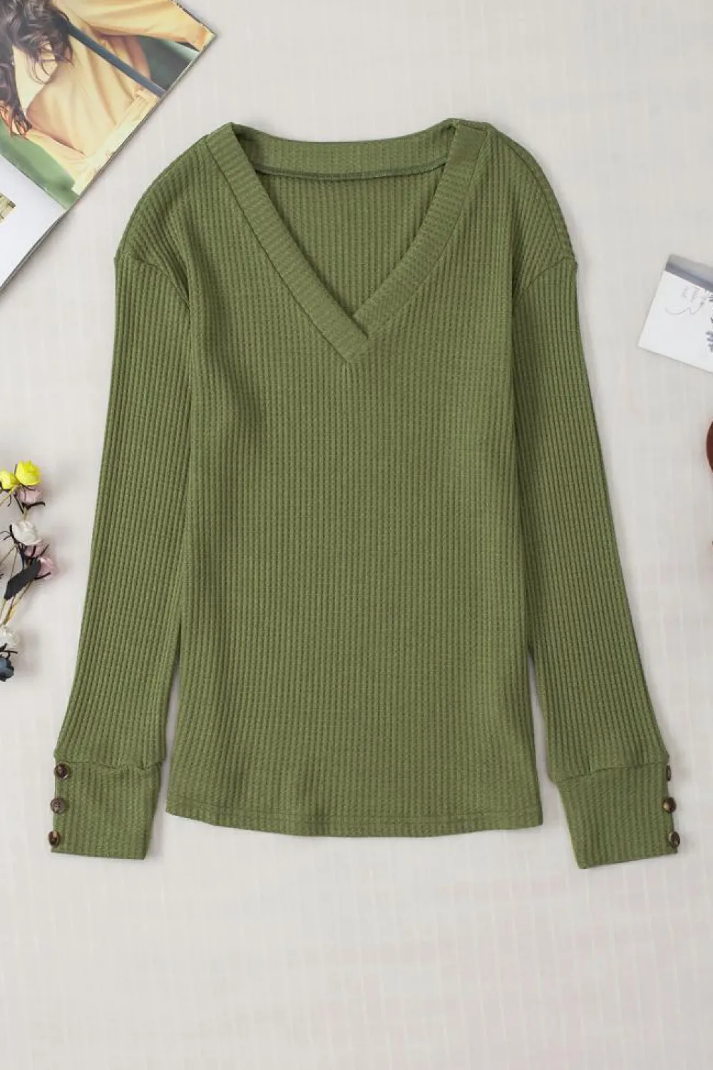 Clearance Dear-Lover Textured Knit V Neck Button Cuffs Long Sleeve Top Jungle Green