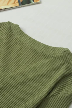 Clearance Dear-Lover Textured Knit V Neck Button Cuffs Long Sleeve Top Jungle Green