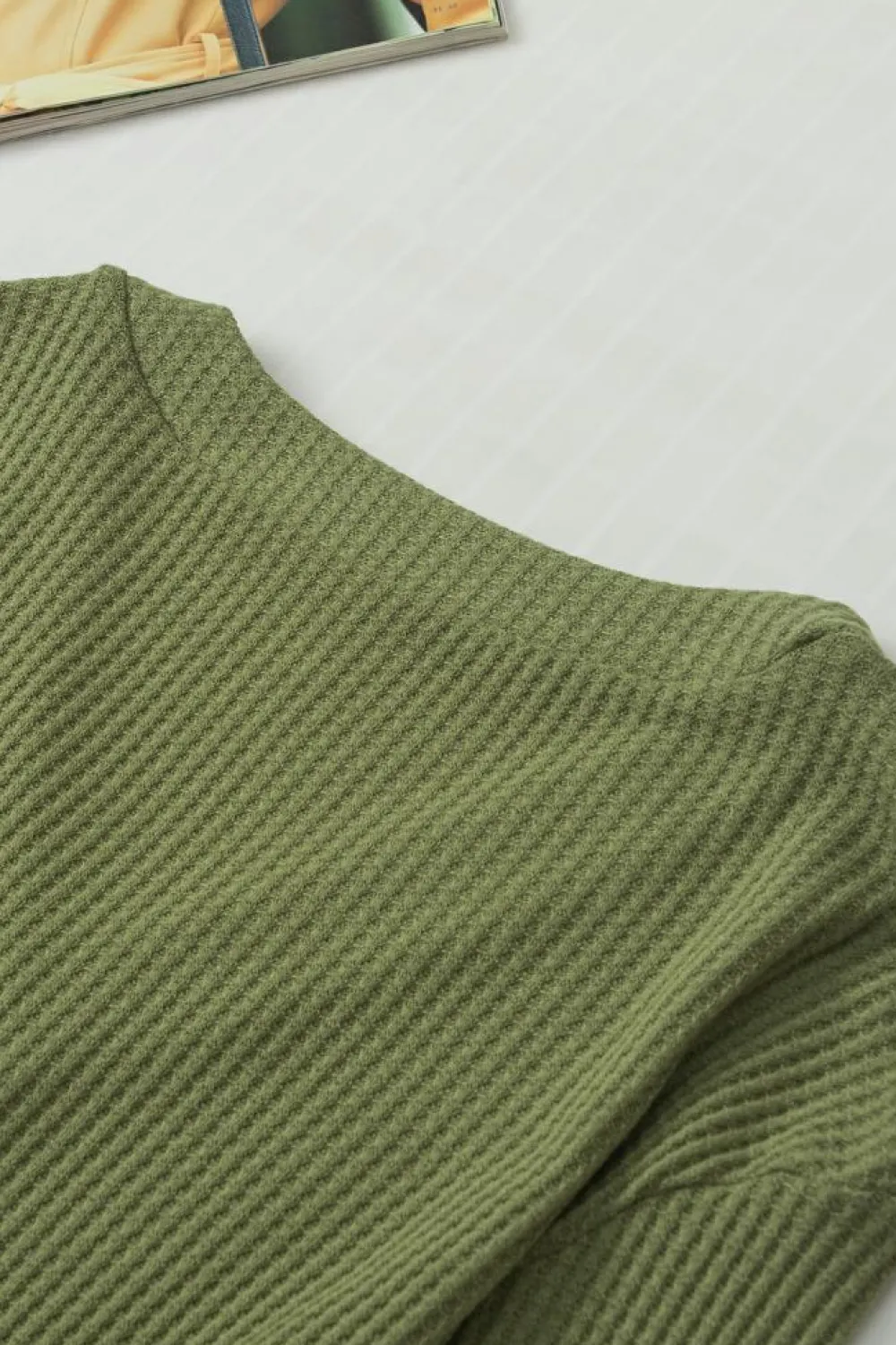 Clearance Dear-Lover Textured Knit V Neck Button Cuffs Long Sleeve Top Jungle Green