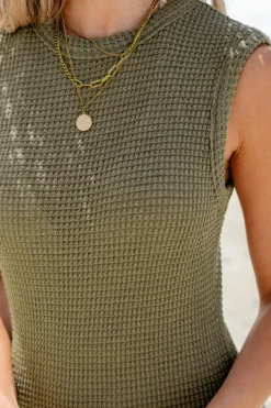 Discount Dear-Lover Waffle Knit Sleeveless Long Dress with Slits Jungle Green