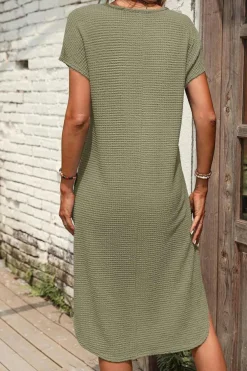 Online Dear-Lover Waffle Texture Curved Hem Side Slit T-shirt Dress Jungle Green
