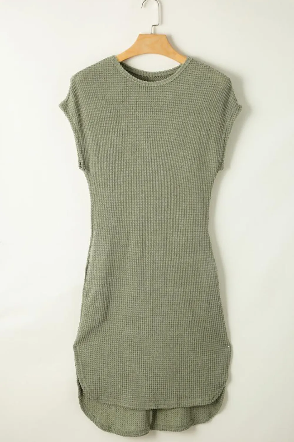 Online Dear-Lover Waffle Texture Curved Hem Side Slit T-shirt Dress Jungle Green