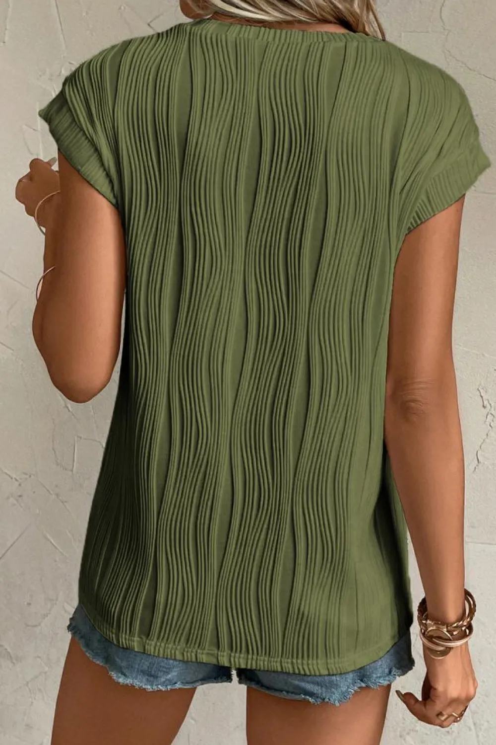 Clearance Dear-Lover Wavy Texture Cap Sleeve Top Jungle Green