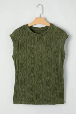 Clearance Dear-Lover Wavy Texture Cap Sleeve Top Jungle Green