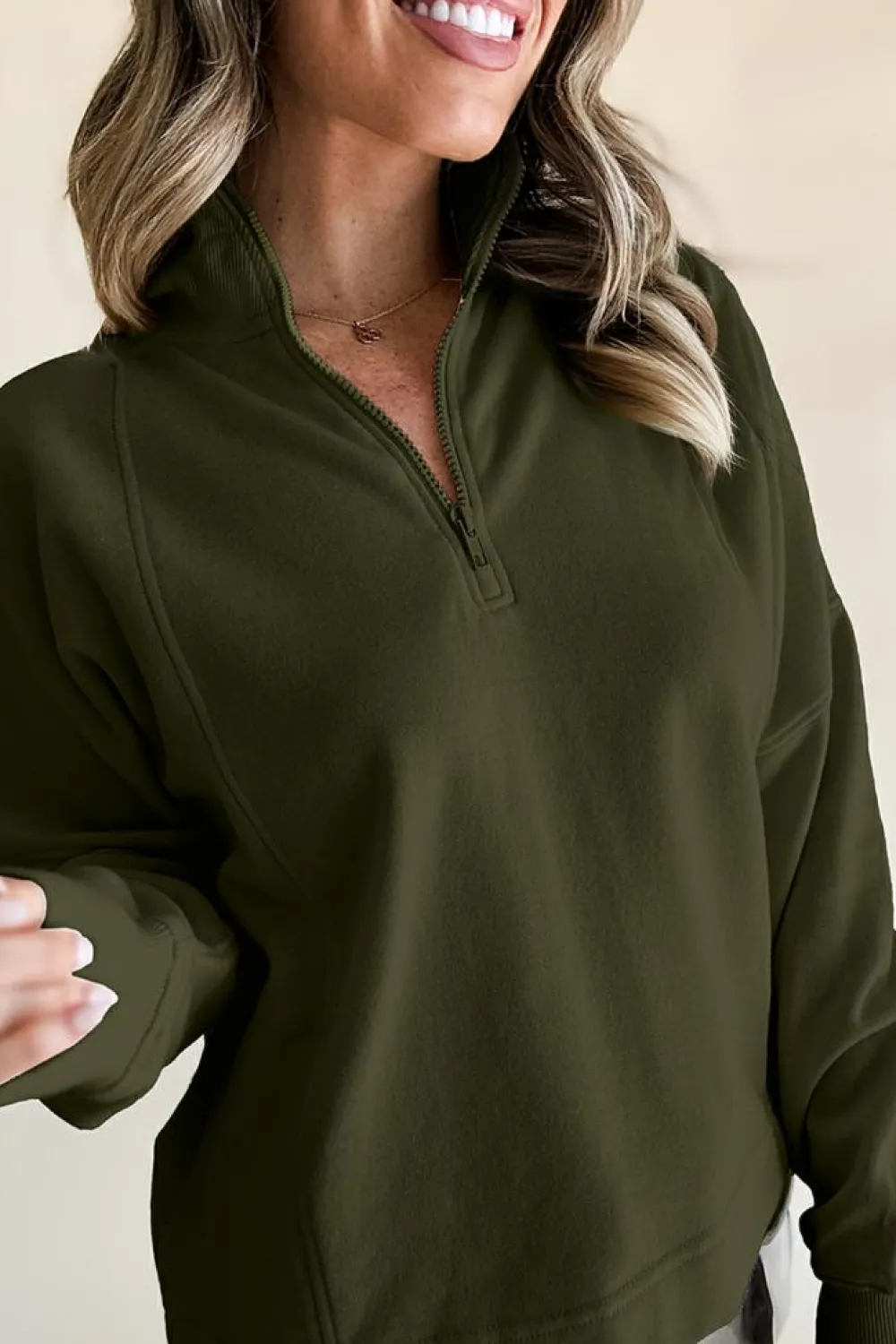 Hot Dear-Lover Zipped Neck Pullover Drop Shoulder Sweatshirt Jungle Green