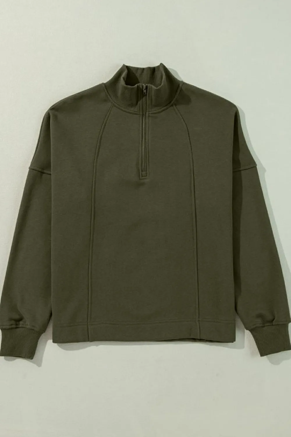 Hot Dear-Lover Zipped Neck Pullover Drop Shoulder Sweatshirt Jungle Green