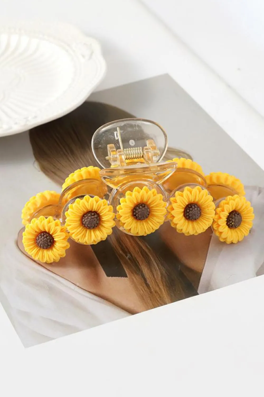 Fashion Dear-Lover Sunflower Decor Plastic Resin Claw Clip Jurassic Gold