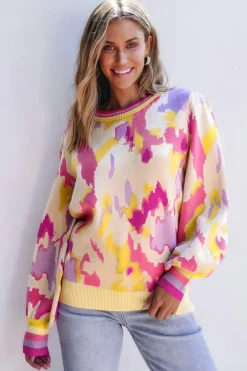 Best Dear-Lover Abstract Print Colorblock Balloon Sleeve Sweater Khaki