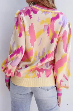 Best Dear-Lover Abstract Print Colorblock Balloon Sleeve Sweater Khaki